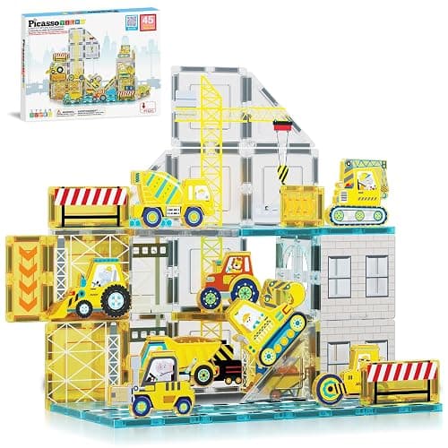 PicassoTiles Magnet Tiles Magnetic Building Blocks with 8 Construction Vehicles Crank Truck Excavator Bulldozer Road Roller Concrete Mixer Tractor Dump Truck Forklift Toys Learning Kids Ages 3+ PTQ11 - Image 1