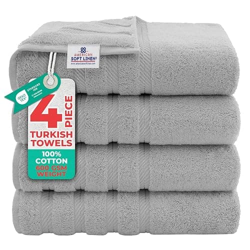 American Soft Linen Luxury 4 Piece Bath Towel Set, 600 GSM 100% Cotton Turkish Bath Towels for Bathroom, 27x54 in Large Bathroom Shower Towels, Light Grey - Image 1