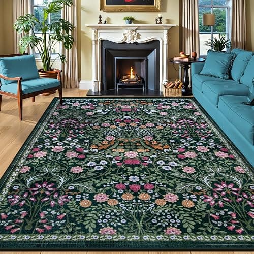 8x10 Area Rugs for Living Room: Floral Washable Rug Vintage Large Soft Boho Non-Slip Carpet Indoor Floor Stain Resistant Carpets for Bedroom Dining Room Farmhouse Nursery Home Office Dark Green - Image 1