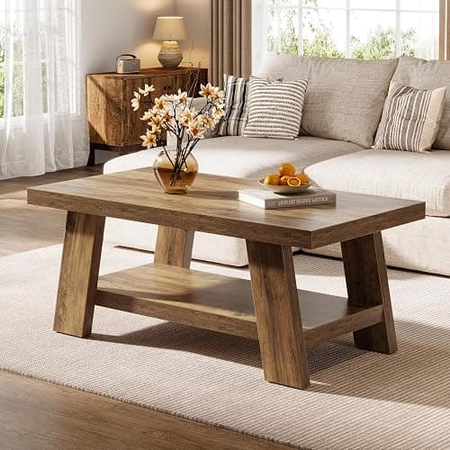 Tribesigns Farmhouse Coffee Tables for Living Room, 47.24" Rectangle Coffee Tables with Storage Shelves, Rustic Wooden Center Table for Apartment, Home Office (Rustic Brown) - Image 1