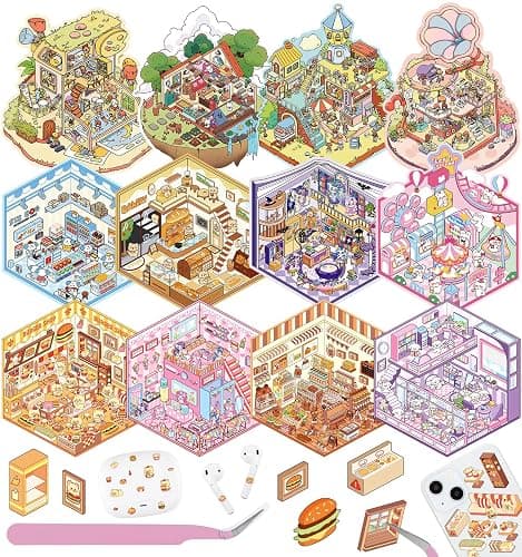 12 Sets DIY 3D Sticker Scene for Kids, Fun DIY Sticker Scene Make Your Own Mini House Cute Cartoon Animal Scene Stickers Adult Sticker Art Relief Stress Pass The Time Holiday Christmas Fun - Image 1