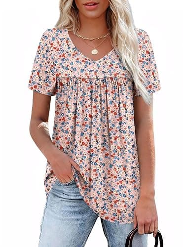 WEESO Womens T Shirts Short Sleeve Pleated Dressy Casual V Neck Summer Tops Blouses - Image 1