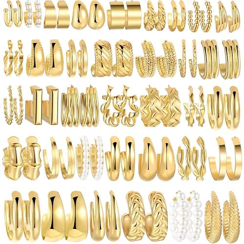 36 Pairs Gold Hoop Earrings Set for Women, Fashion Chunky Gold Hoop Earrings Multipack, Hypoallergenic Pearl Chain Twisted Statement Earring Pack for Birthday Party Jewelry - Image 1