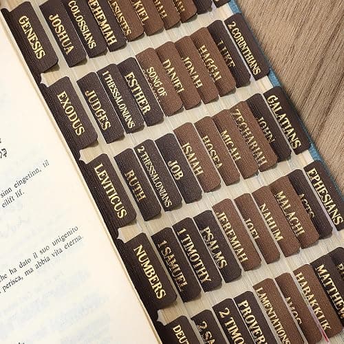 Woodgrain Texture Bible Tabs, 80 Pcs Chestnut Brown Gold Foil Index Tabs with Ruler - 66 Books Chapters & 14 Blank DIY Stickers, Bible Study Journaling Supplies, Nature-Inspired Gift Set for Men Women - Image 1