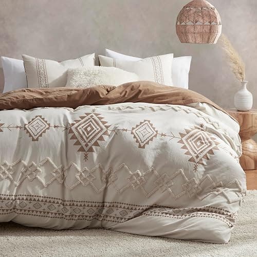 Oli Anderson Boho Queen Duvet Cover Set, Beige and Terracotta, 3 Pieces, Western Geometric Tufted Bedding Set, Microfiber Fabric, Durable, Ultra Soft, Hidden Zipper, Corner Ties, All Season Comfort - Image 1