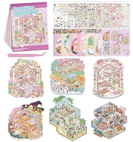 Sticker Book, 6 Sets DIY 3D House Stickers, Fun DIY Stickers Scene Make Your Own Mini House Cute Cartoon Animal Scene Sticker for Kids Adult Sticker Art Relief Stress Pass The Time - Image 1
