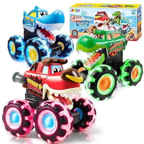 JOYIN 3 Pack Monster Truck Toy - Motion Activated Light Up Cars for Toddlers - Monster Glow Rover LED Wheels - Baby Boy Toys - Press and Go Dinosaur Trucks for Kids Boy Birthday Gifts - Image 1