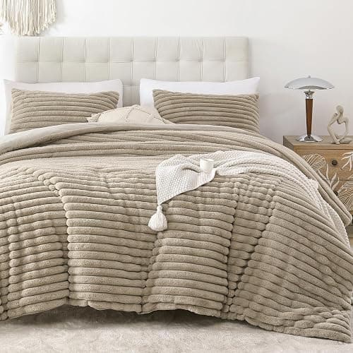 Smoofy Fluffy King Size Comforter Set 3 Pieces - Linen Fleece Fluffy Comforter Set, Luxury Fuzzy King Bedding Set, Soft King Bed Set All Season, Heavy Faux Fur Comforter with 2 Pillow Cases - Image 1
