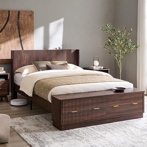 T4TREAM Fluted Queen Size Bed Frame with Wingback Headboard, Footboard Storage Bench with Built-in Drawers & Lift-Up Compartments, Wood & Steel Platform Bed, No Box Spring Needed, Dark Walnut - Image 1