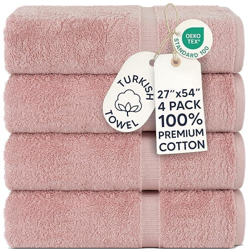 Chakir Turkish Linens 4 Piece Bath Towel Set, 100% Cotton Luxury Turkish Towels for Bathroom, Soft Absorbent Bath Towels, 27 x 54 Inches, Pink - Image 1