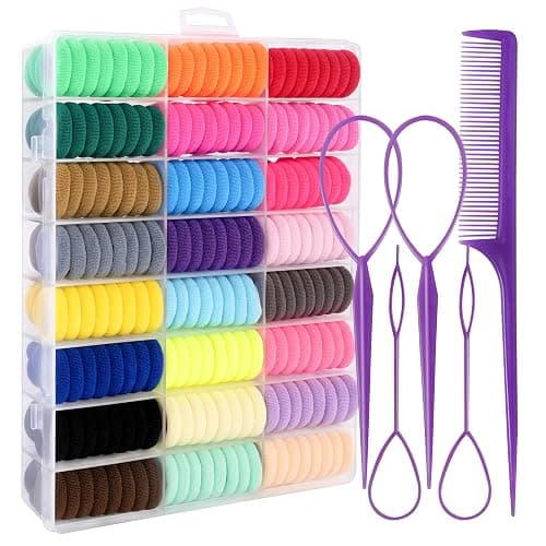 360 Pcs Baby Hair Ties, 24 Colors Cotton Toddler Hair Ties with Organizer Box, 1 Inch Seamless Baby Hair Bands for Toddler Girls, Soft Elastic Ponytail Holders with 5 Hair Loop Styling Tools - Image 1