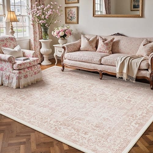 PureCozy 5x7 Washable Area Rug Pink Vintage Distressed Rug for Office Non Slip Low Pile Traditional Thin Indoor Retro Carpet Soft Floor Cover for Living Ding Room Bedroom Laundry Dorm - Image 1