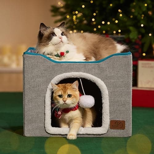 Bedsure Cat Beds for Indoor Cats - Large Cat Cave for Pet Cat House with Fluffy Ball Hanging and Scratch Pad, Foldable Cat Hideaway, 16.5x16.5x13 inches, Grey - Image 1