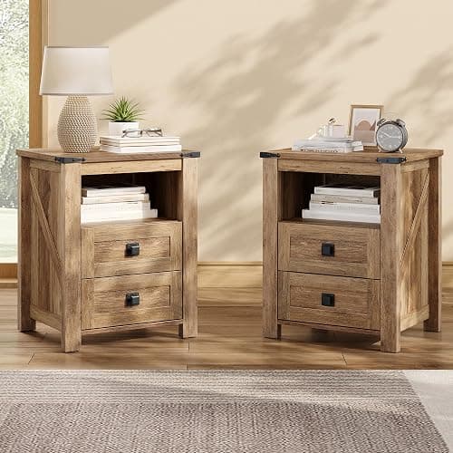 AMERLIFE 18" Farmhouse Nightstand Set of 2, Wooden Bedside Table with 2 Drawers & Open Shelf, Rustic End Table for Bedroom/Living Room, Barnwood - Image 1
