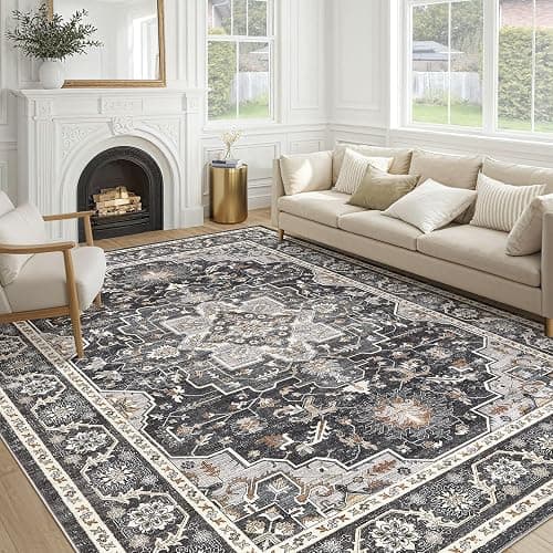 Vintage Living Room Area Rug 8x10 - Large Soft Washable Oriental Traditional Distressed Farmhouse Rugs for Bedroom - Indoor Floor Accent Carpet for Home Office House Decor - Black - Image 1