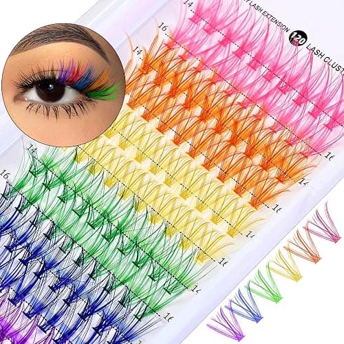 Fairy Colored Lash Extensions Clusters, False Eyelashes, Individuals Eyelash Clusters Diy Colored Eyelash Kit 6 Colors Rainbow Individual Eye Lashes 14/16mm D Curl Blue, Purple(120pcs)(No Glue) - 120 PCS - Image 1