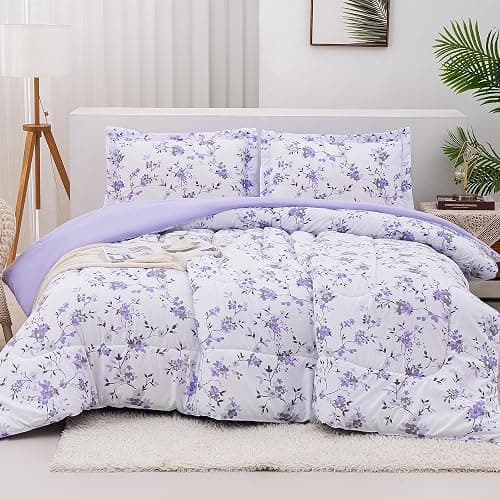 Mooreeke Floral Twin Size Comforter Sets, Lightweight Purple Lavender Botanical Printed Bedding for All Seasons, 2-Piece Vintage Bed in a Bag with Fluffy Quilted Reversible Comforter & Pillow Sham - Image 1