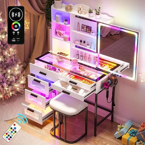 WOOVIVS Glass Top Vanity with LED Mirror, 6 Drawer Dresser with Charging Station for Bedroom, Small Makeup Vanitys Table with RGB Light, Vanity Set with Chair,Jewelry Organizer for Girls-White - Image 1
