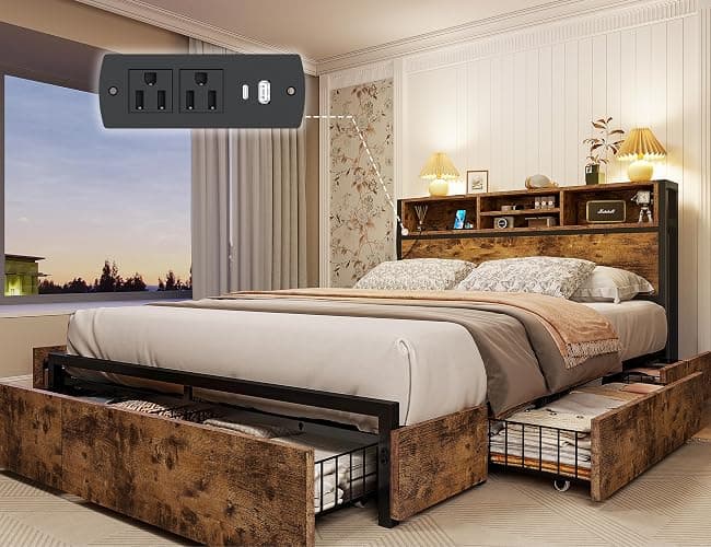EnHomee Full Size Bed Frame with 6 Storage Drawers Full Bed Frame with Headboard, with Charging Station, No Noise, No Box Springs Needed, Vintage Brown. - Rustic Brown - Full - Image 1