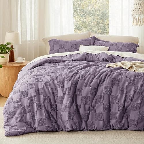 Bedsure Queen Size Comforter Set Grayish Purple, Boho Tufted Bed Set, Checkered Farmhouse-Style Distressed Vintage Bedding, 3 Pieces, 1 Plaid Geometric Comforter and 2 Pillow Shams - Image 1