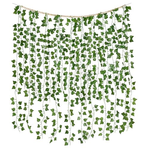 Mkono Hanging Fake Vines for Bedroom Wall Decor Artificial Plant Leaves with Wood Beads Set Indoor Greenery Ivy Garland for Living Room Apartment Christmas Wedding Party Teen Girl Room - Medium - Image 1