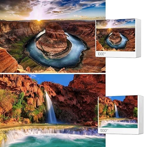 Jigsaw Puzzles 2 Pack 1000 Pieces, Puzzles for Adults - Havasu Falls & Horseshoe Bend Nature Landscape Impossible Challenging Puzzles for Home Decor Birthday Party Gifts Toy for Men Women - Image 1