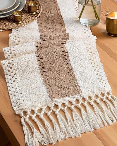 Pureegg Farmhouse Boho Table Runner - 72 Inches, Linen-Textured Woven Tassel Design for Dining Table Decor, Kitchen, Coffee Table & Living Room, 12 x 72 Inch, Brown - Image 1