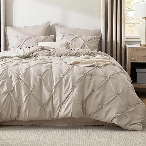 Bedsure Full Comforter Set Beige - Bed in a Bag Full Size 7 Pieces, GentleSoft™ Pintuck Bed Set Gift for Family, Pinch Pleat Beige Comforter with Sheets, Pillowcases & Shams - 02 - Beige - Full - Image 1