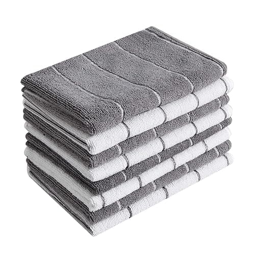 Microfiber Kitchen Towels - Super Absorbent, Soft and Solid Color Dish Towels, 8 Pack (Stripe Designed Grey and White Colors), 26 x 18 Inch - Grey - Image 1