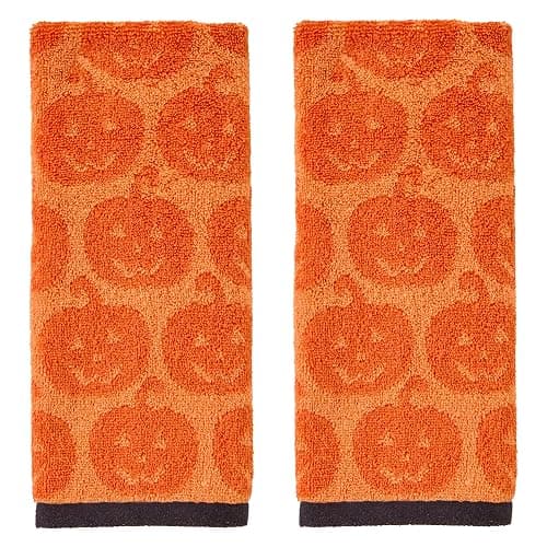 SKL Home Halloween Jack-O-Lantern 100% Cotton Jacquard 2pc Hand Towel Set, Reversible, Soft & Absorbent, Decorative for Bath/Kitchen/Bar & Gift, Orange - Image 1