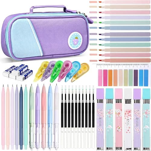 46 Pcs Large Capacity Pencil Pouch with Aesthetic School Supplies, 12 Pastel Highlighters, 5 Black Ink Gel Pens, 6 Mechanical Pencils Set 0.5 & 0.7mm, Sticky Notes, Stationary Set for Student (Purple) - Purple - Image 1