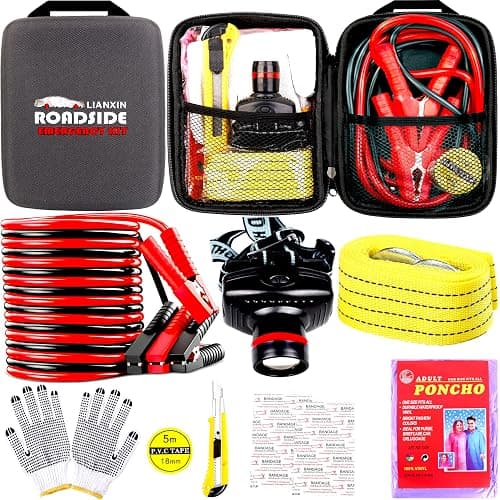 LIANXIN Car Roadside Emergency Kit,Car Safety Roadside Assistance Kit Jumper Cables, Headlamp,Tow Straps,Art Knife,Grey Automotive Emergency Kits - Image 1