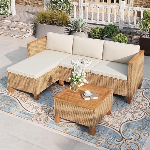 HERA'S HOUSE Small Patio Furniture Set, 3 Pieces Wicker Outdoor Sectional Sets,Yellow Rattan Conversation Set with Sofa and Coffee Table for Garden and Backyard, l Shape Boho Balcony Couch Sets - Image 1
