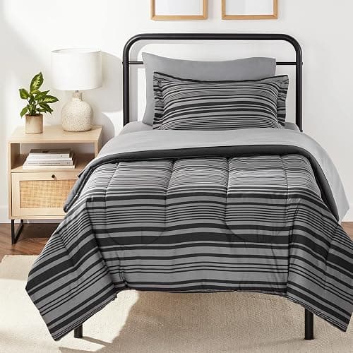 Amazon Basics 5-Piece Lightweight Microfiber Comforter Set with Sheets, Bed-in-a-Bag, Gray Calvin Striped Bedding, Twin/Twin XL - Image 1