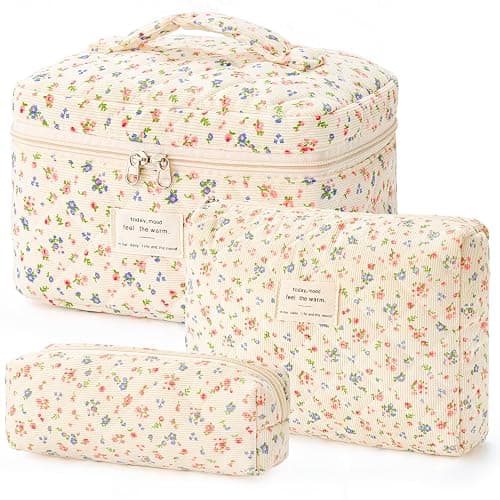 HBselect Quilted Makeup Bag, 3PCS Cotton Large Travel Makeup Bag, Cute Floral Coquette Make up Bag Cosmetic Bag Toiletry Bag for Women Girls - Image 1