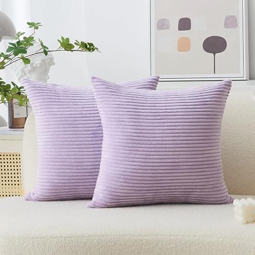 Home Brilliant Light Purple Pillow Covers 18x18 Set of 2 Striped Corduroy Throw Pillow Covers Cushion Covers for Office Couch Chair Bedroom, 18x18 Inch, Lavender - Image 1