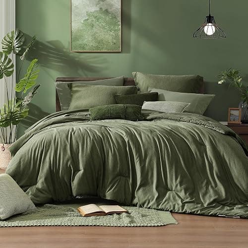 Monbix Twin XL Comforter Set Olive Green, Cationic Dyeing Bedding Set Reversible 5 Pieces, All Season Bed in a Bag with Comforter, Sheets, Pillowcase & Sham - Image 1