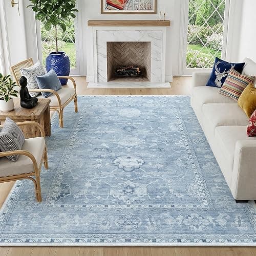 Washable Rugs 5x7 Blue Area Rugs for Living Room,Rug for Bedroom, Vintage Distressed Non-Slip, Ultra Soft Faux Wool Carpet for Dining Room for Home Office Décor - Image 1