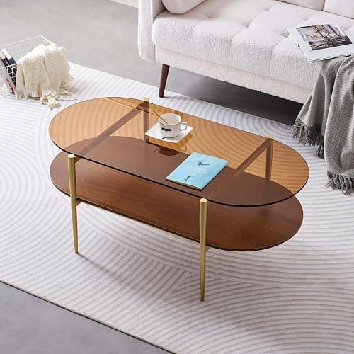 LumFurn Oval Glass Coffee Table, Mid-Century Modern Design, L41 x W21 x H17 inch, for Living Room, 2-Tier Structure, Amber Glass Top and Walnut Finish Wood Shelf, Conical Legs with Gold Finish Frame - Image 1