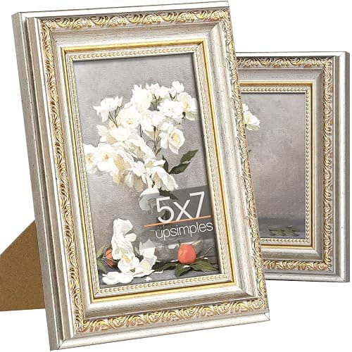 upsimples 5x7 Picture Frame with Real Glass, Ornate Vintage 5 x 7 Photo Frames for Wall Decor or Tabletop Display, White and Gold, 2 Pack - Image 1