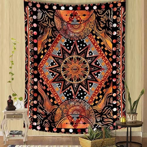 Fowocu Orange Sun and Moon Tapestry Wall Hanging, Indie Hippie Mandala Cool Wall Tapestries, Aesthetic Tapestry for Bedroom Living Room Dorm (Orange, 30'' × 40'') - Image 1