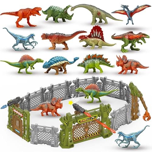 12PCS Mini Dinosaurs Figurines Toys with Dinosaur Trainning Fence Play Toys Set for Kids 3-5 5-7, Capture n Escape Jurassic Dino World Playset, including 12 Jurassic Dinosaur Fences Gates 2 Blasters - Image 1