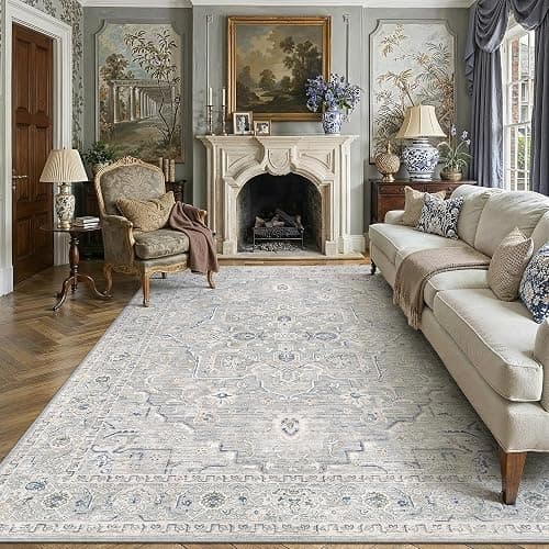 WondRg 8x10 Blue Washable Neutral Area Rug Living Room | Non Slip, Soft Low Pile, Vintage Distressed, for Bedroom Dining Room Office Nursery Indoor Home Decor - Image 1