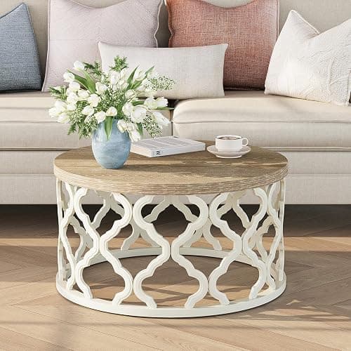 Farmhouse Coffee Table, French Country Round Coffee Table, Coastal Coffee Table with Distressed Top, Boho Center Table with Curved Motif Frame Base for Living Room, Dining Room, Bedroom, Cream Beige - Image 1