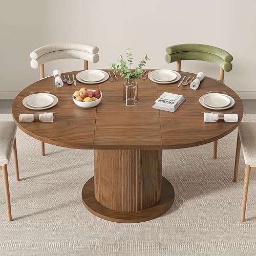 43.3 inch 59 inch Adjustable Size Round Dining Table for 4 6, Unique Design Modern Farmhouse Kitchen Table, Circle Dining Tables with Wood Strip Base for Kitchen Living Room (Walnut) - Image 1