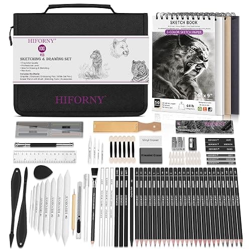 HIFORNY 100 PCS Drawing Set Sketching Kit,Sketch Pencils Art Supplies with Graphite,Charcoal,Blending Tools & Accessories,Portable Zippered Travel Case for Artists & Beginners - Image 1