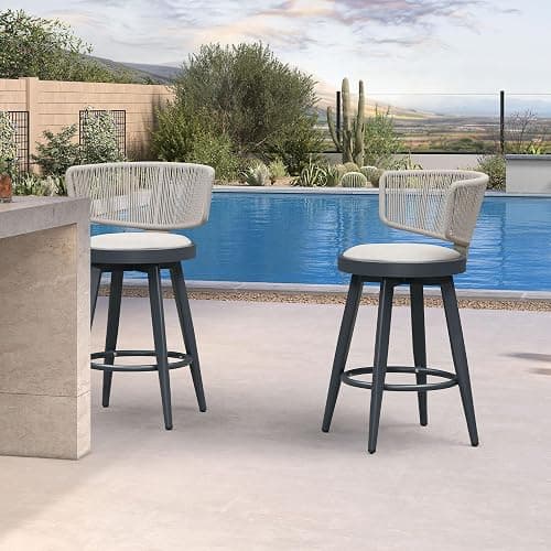 PURPLE LEAF Outdoor Counter Height Bar Stools Set of 2 26 Inch Patio Swivel Bar Stool Chairs with Ergonomic Back Outdoor Aluminum Barstools for Porch Garden Indoor Kitchen, Grey - Grey - 26" Height Swivel Counter Stools - Image 1