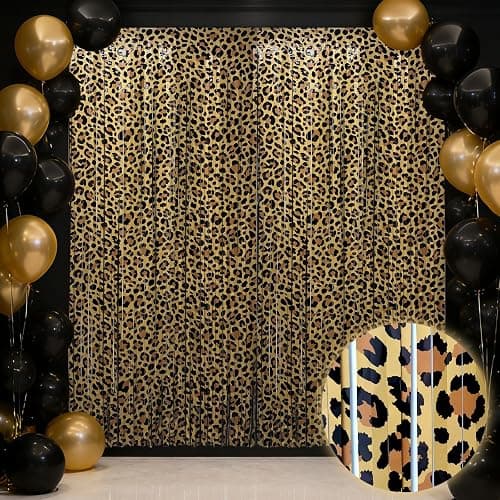OQOQ Cheetah Print Birthday Decorations Backdrop (2 Pack), Extra Long 3.3x8.2ft Leopard Tinsel Fringe Curtains Animal Print Party Decor Jungle Safari Bachelorette Party Supplies Photo Props Booth - Image 1