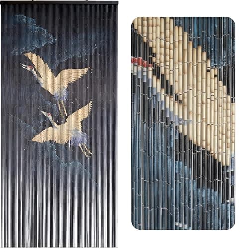 Vietbud Décor Flying Cranes at Night Beaded Curtains for Doorways, Decorative Room, Natural Vietnamese Craft, Indoor Hanging Bamboo Blinds, Sturdy Hook, Easy to Clean, 35.43 x 78.74 Inches - Image 1