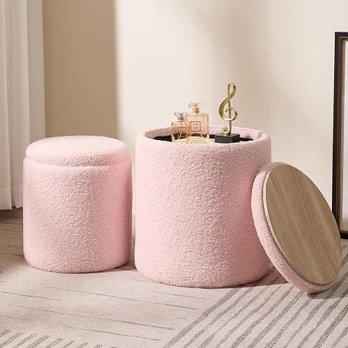 Chilihom Round Boucle Upholstered Ottoman with Storage Set of 2 Vanity Stool Foot Rest with Removable Lid Pink Tall Ottomans Chair for Living Room Pouf Footstool,Gifts - Boucle-pink - Image 1